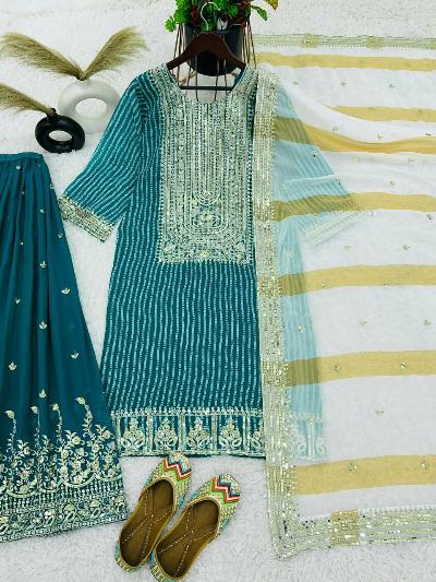 Peacock Green Bandhej Sharara Palazzo Suit Set