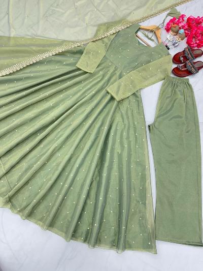 Sage Green Gold Net Anarkali Suit Set