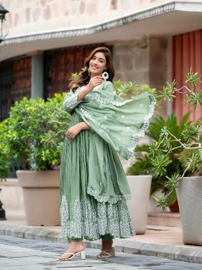 Pista Green Crush Chinon Silk Anarkali Suit Set