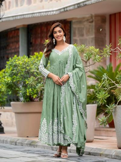 Pista Green Crush Chinon Silk Anarkali Suit Set