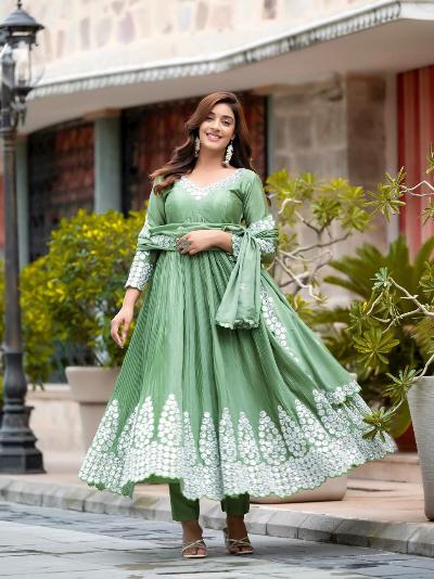 Pista Green Crush Chinon Silk Anarkali Suit Set