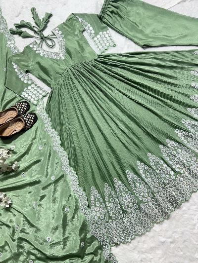 Pista Green Crush Chinon Silk Anarkali Suit Set