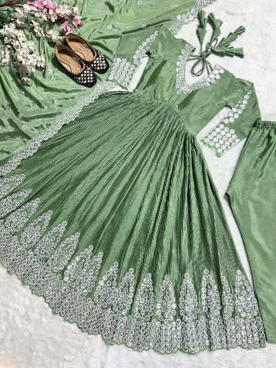 Pista Green Crush Chinon Silk Anarkali Suit Set