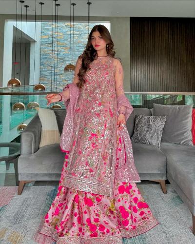 Pink Floral Partywear Anarkali Gown With Dupatta Set Of 2