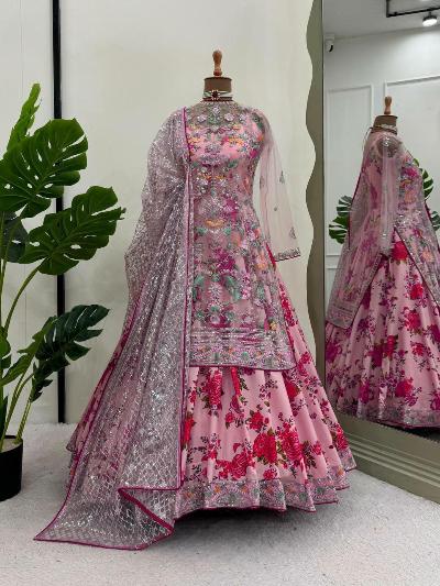 Pink Floral Partywear Anarkali Gown With Dupatta Set Of 2