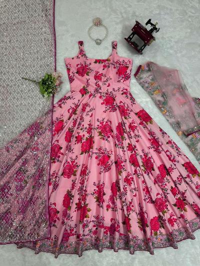 Pink Floral Partywear Anarkali Gown With Dupatta Set Of 2