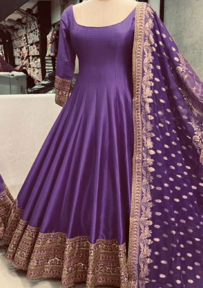 Purple Heavy Embroidered Anarkali Dupatta Set Of 2