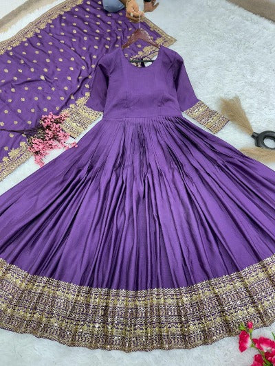 Purple Heavy Embroidered Anarkali Dupatta Set Of 2