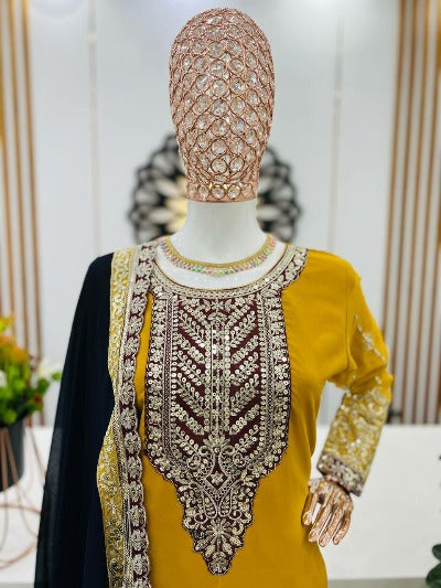 Yellow Georgette Embroidered Suit Set With Contrast Pant & Dupatta