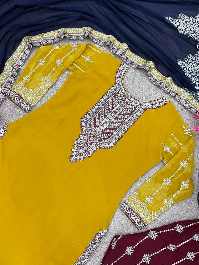 Yellow Georgette Embroidered Suit Set With Contrast Pant & Dupatta