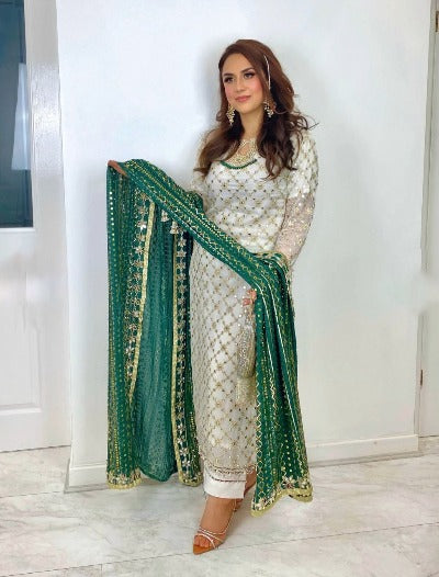 White Georgette Heavy Sequence Moti Work Suit Set With Green Dupatta