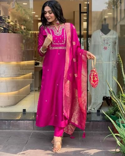 Rani Pink Chanderi Silk Salwar Suit Set