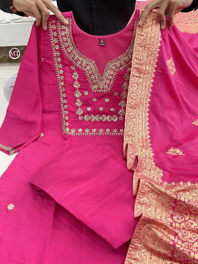 Rani Pink Chanderi Silk Salwar Suit Set