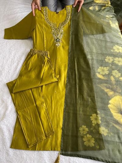 Parrot Green Silk Salwar Suit Chanderi Dupatta