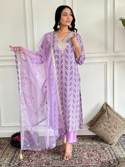 Lilac Chanderi Salwar Suit With Organza Dupatta