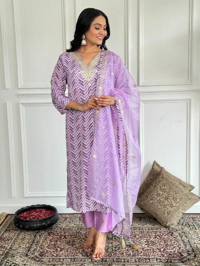 Lilac Chanderi Salwar Suit With Organza Dupatta