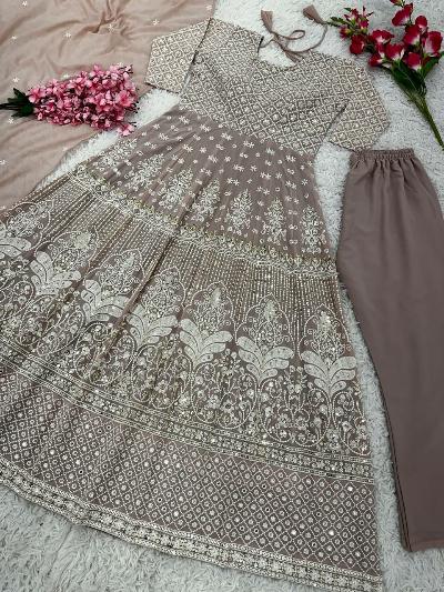 Muted Beige Georgette Embroidered Anarkali Gown Suit Set