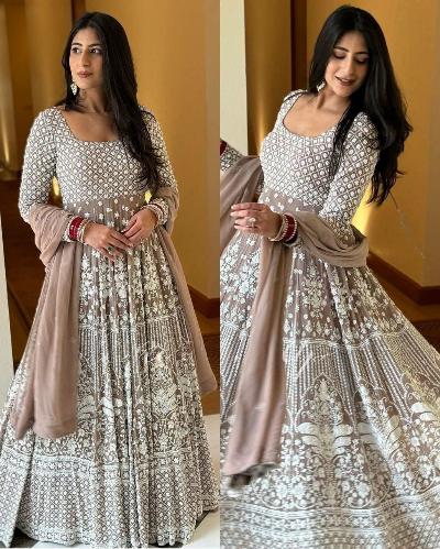 Muted Beige Georgette Embroidered Anarkali Gown Suit Set