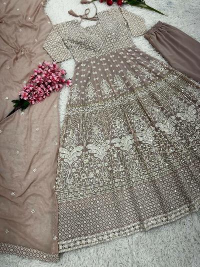 Muted Beige Georgette Embroidered Anarkali Gown Suit Set