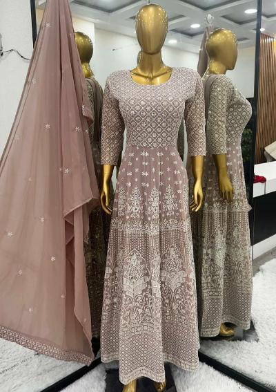 Muted Beige Georgette Embroidered Anarkali Gown Suit Set