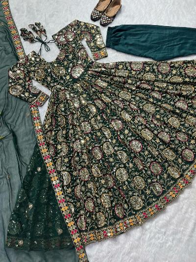 Dark Green Full Embroidered Sequins Work Anarkali Suit Set