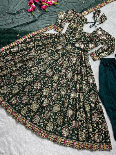 Dark Green Full Embroidered Sequins Work Anarkali Suit Set