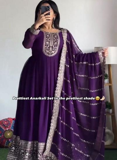 Purple Embroidery Sequence Georgette Anarkali Dupatta Set Of 2