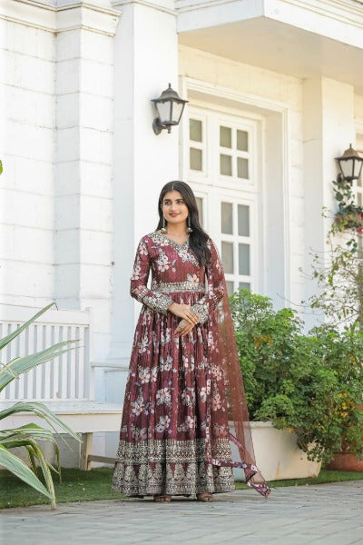 Brown Heavy Crush Pleating Chinon Silk Floral Anarkali Gown Suit Set