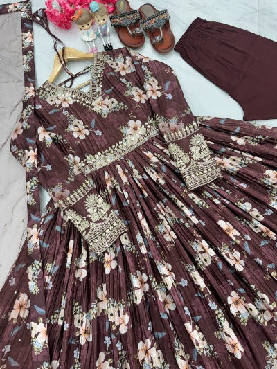 Brown Heavy Crush Pleating Chinon Silk Floral Anarkali Gown Suit Set