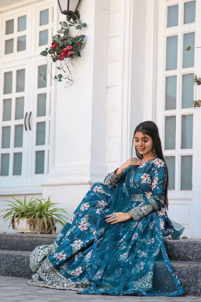 Blue Heavy Crush Pleating Chinon Silk Floral Anarkali Gown Suit Set