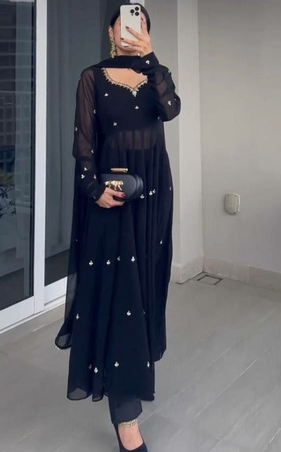 Black Georgette Thread Work Salwar Suit Set
