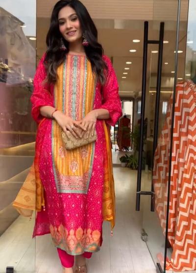 Festive Pink Orange Chinon Silk Salwar Suit Set