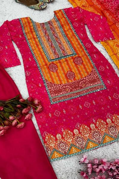 Festive Pink Orange Chinon Silk Salwar Suit Set