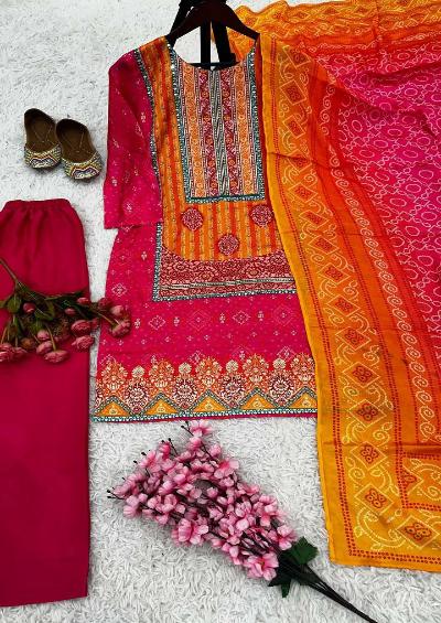 Festive Pink Orange Chinon Silk Salwar Suit Set