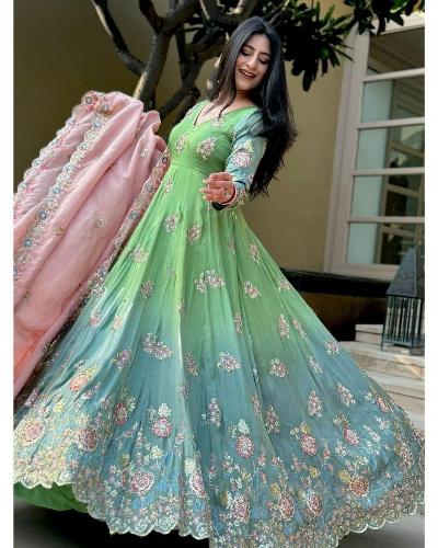 Blue Green Ombre Designer Anarkali Gown Suit Set