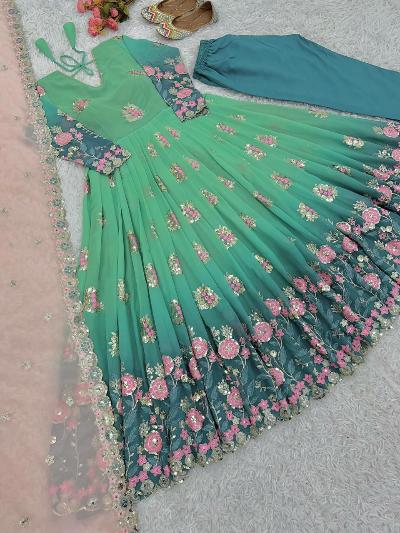 Blue Green Ombre Designer Anarkali Gown Suit Set