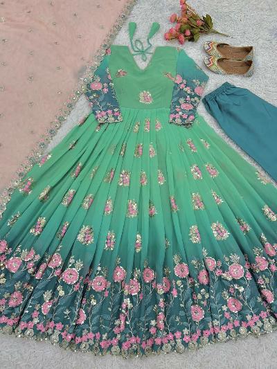 Blue Green Ombre Designer Anarkali Gown Suit Set