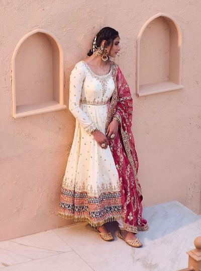 White Georgette Anarkali Suit With Red Dupatta