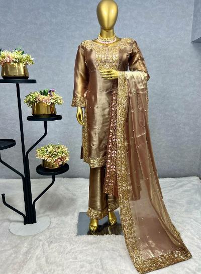 Bronze Tissue Silk Sequins Work Straight Suit Set