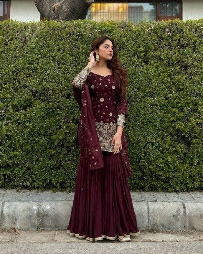 Maroon Georgette Full Sleeves Designer Sharara Suit Set