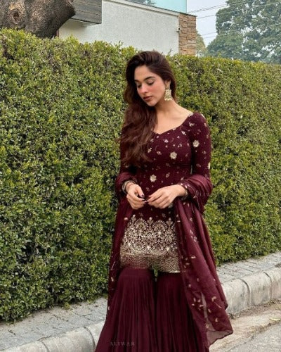 Maroon Georgette Full Sleeves Designer Sharara Suit Set