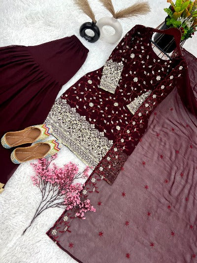 Maroon Georgette Full Sleeves Designer Sharara Suit Set