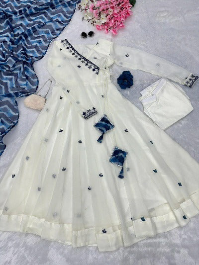 White Butta Work Anarkali Suit With Blue Dupatta