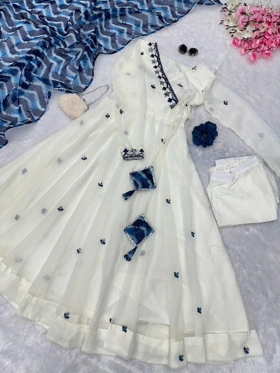 White Butta Work Anarkali Suit With Blue Dupatta