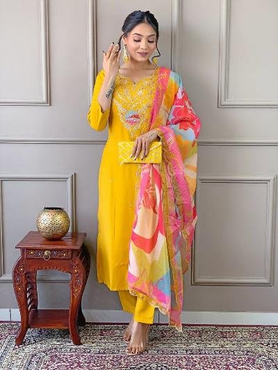 Yellow Chanderi Salwar Suit With Fancy Organza Dupatta