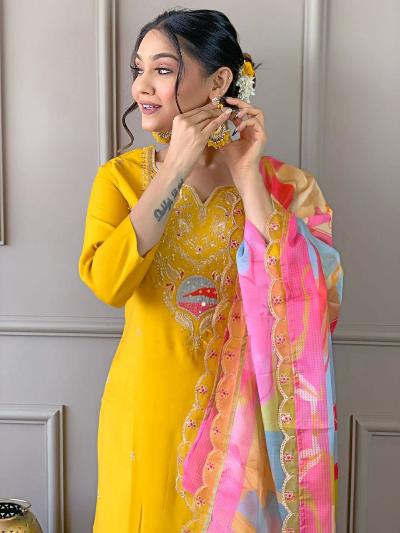 Yellow Chanderi Salwar Suit With Fancy Organza Dupatta