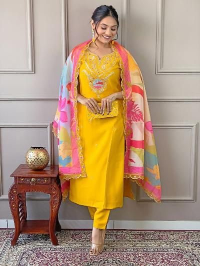 Yellow Chanderi Salwar Suit With Fancy Organza Dupatta