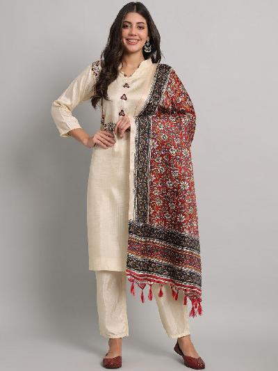 Cream South Silk Salwar Suit Bagalpuri Print Dupatta