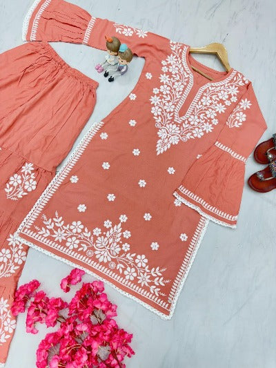 Peach Rayon Chikankari Sharara Suit Set