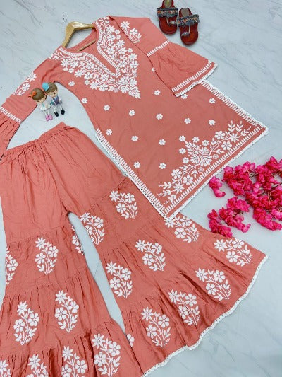 Peach Rayon Chikankari Sharara Suit Set